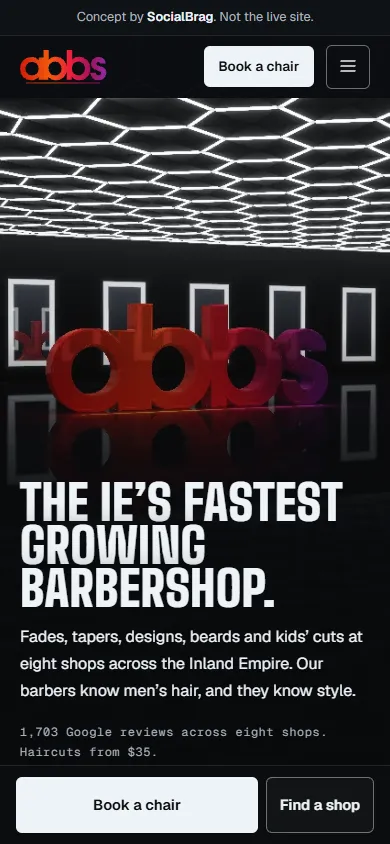 Ab's BarberStudio concept on a phone: their logo as a red 3D sculpture under a hexagon light ceiling.