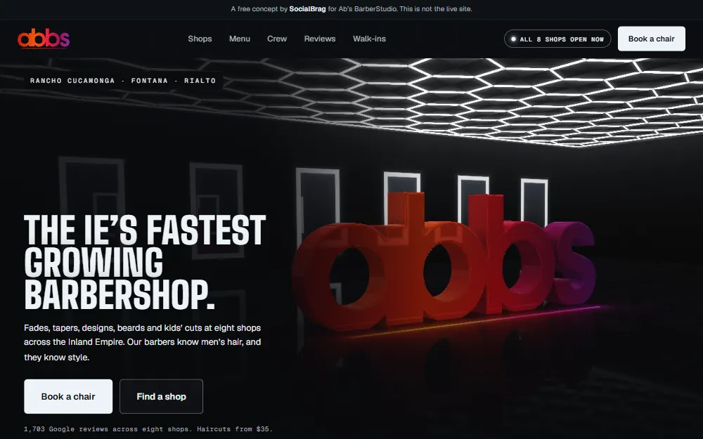 Ab's BarberStudio concept: their abbs logo as a red to violet 3D sculpture in a room under a hexagon light ceiling, beside the headline The IE's fastest growing barbershop.
