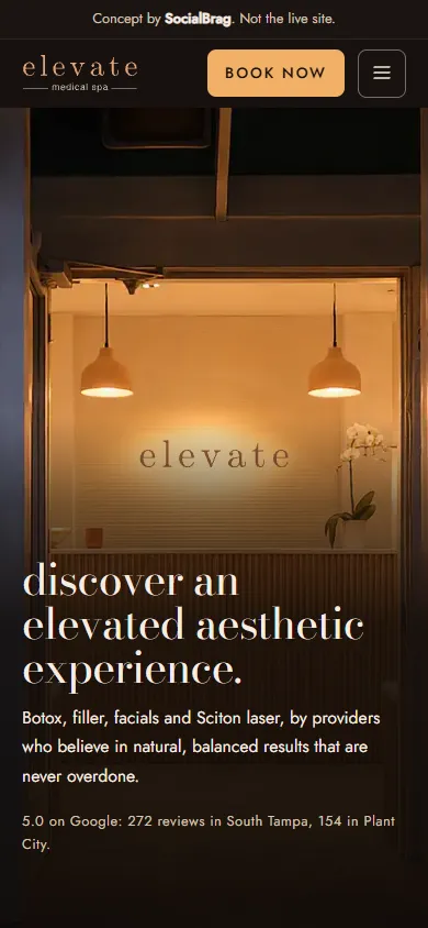 Elevate Medical Spa concept on a phone: their reception lit amber through the front door.