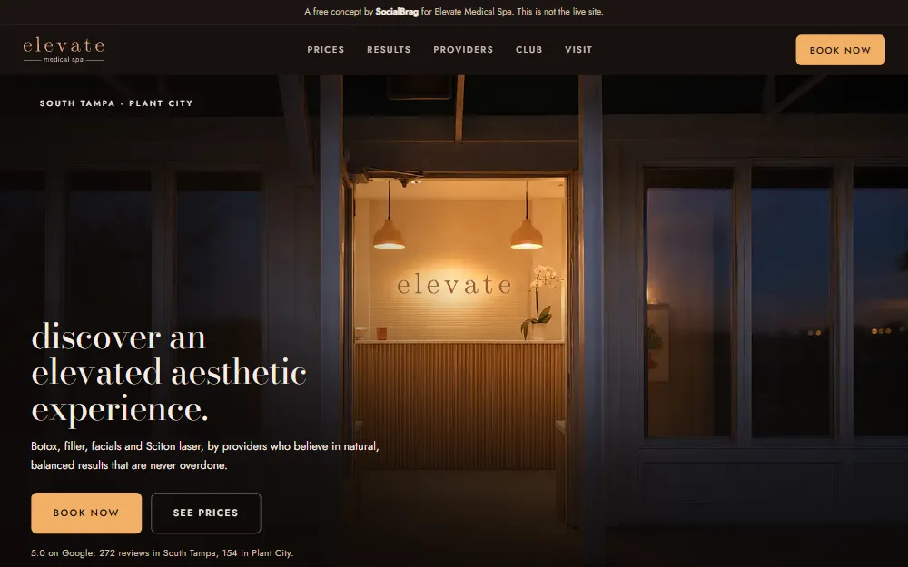Elevate Medical Spa concept: their reception glowing amber through the front door at dusk, beside the headline Discover an elevated aesthetic experience.