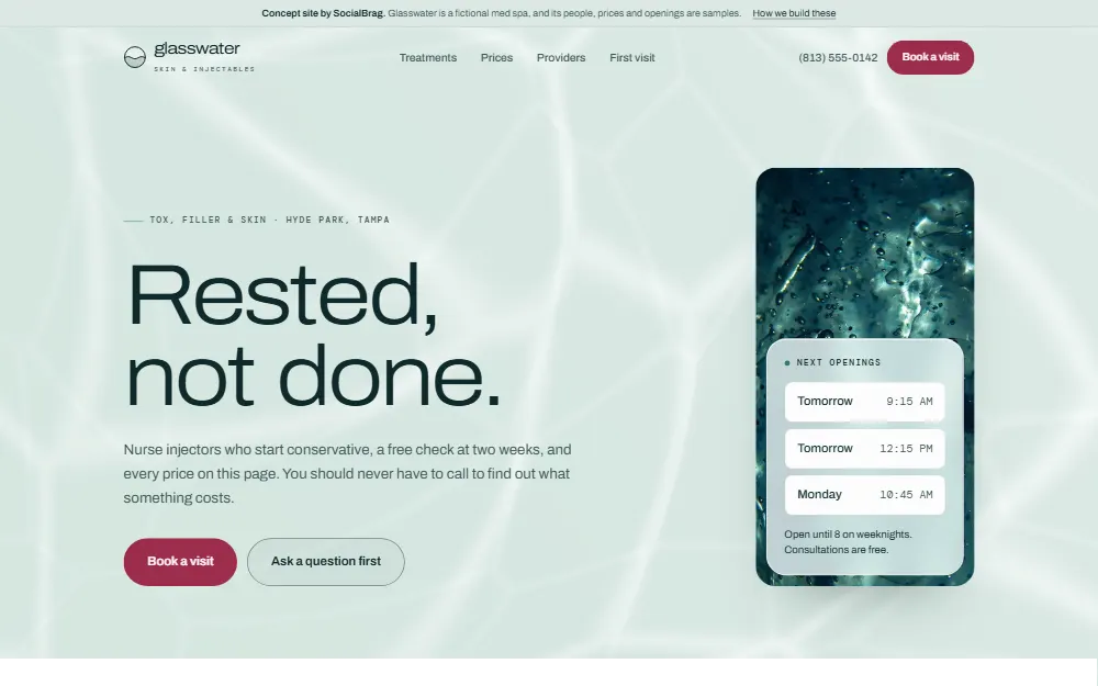 Glasswater's homepage: the headline “Rested, not done.” beside a card of the next open appointments.