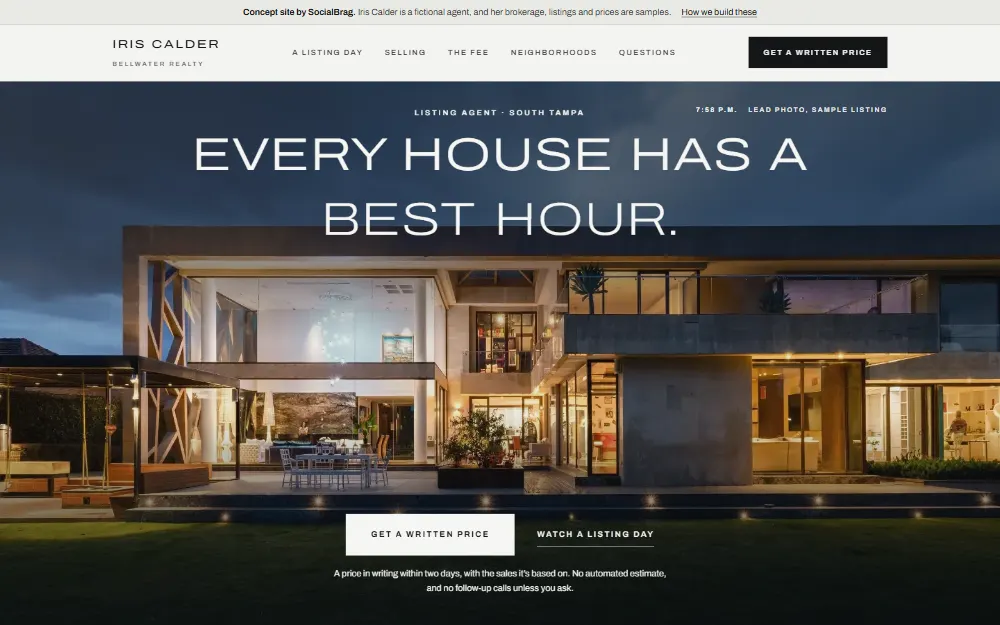 Iris Calder's homepage: “Every house has a best hour.” over a modern house lit at dusk.