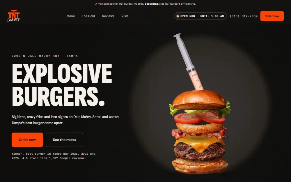 TNT Burger concept: the headline Explosive burgers beside a stacked burger under a spotlight, an orange Order now button in the header.